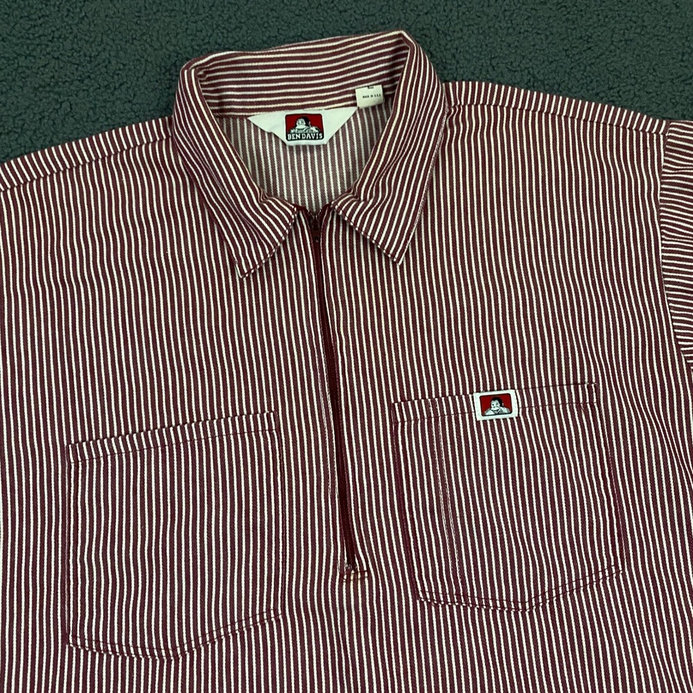 Vintage Ben Davis Shirt Mens Large Red Striped 1/4 Zip Talon Zipper Made in USA